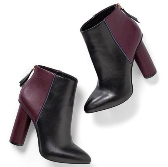 CAbi Leather Colorblock Black & Wine Heeled Platform Booties, 7 - Picture 3 of 7